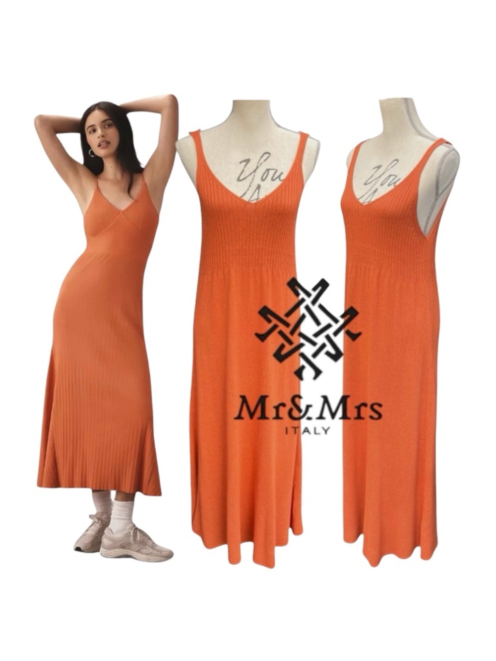 Mr & Mrs Italy Burnt Orange Fine Knit Ribbed Top Sleeveless Maxi Dress (M)